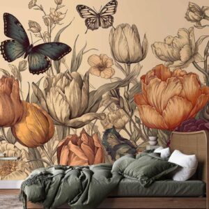 Fotobehang - Colourful tulips on a cream background
