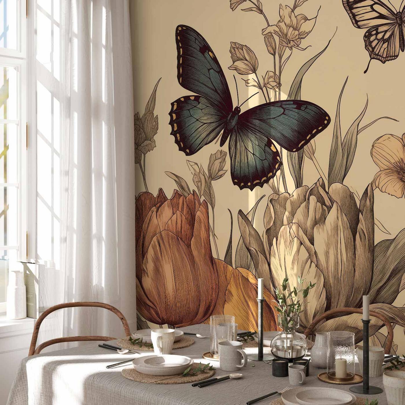 Fotobehang - Colourful tulips on a cream background