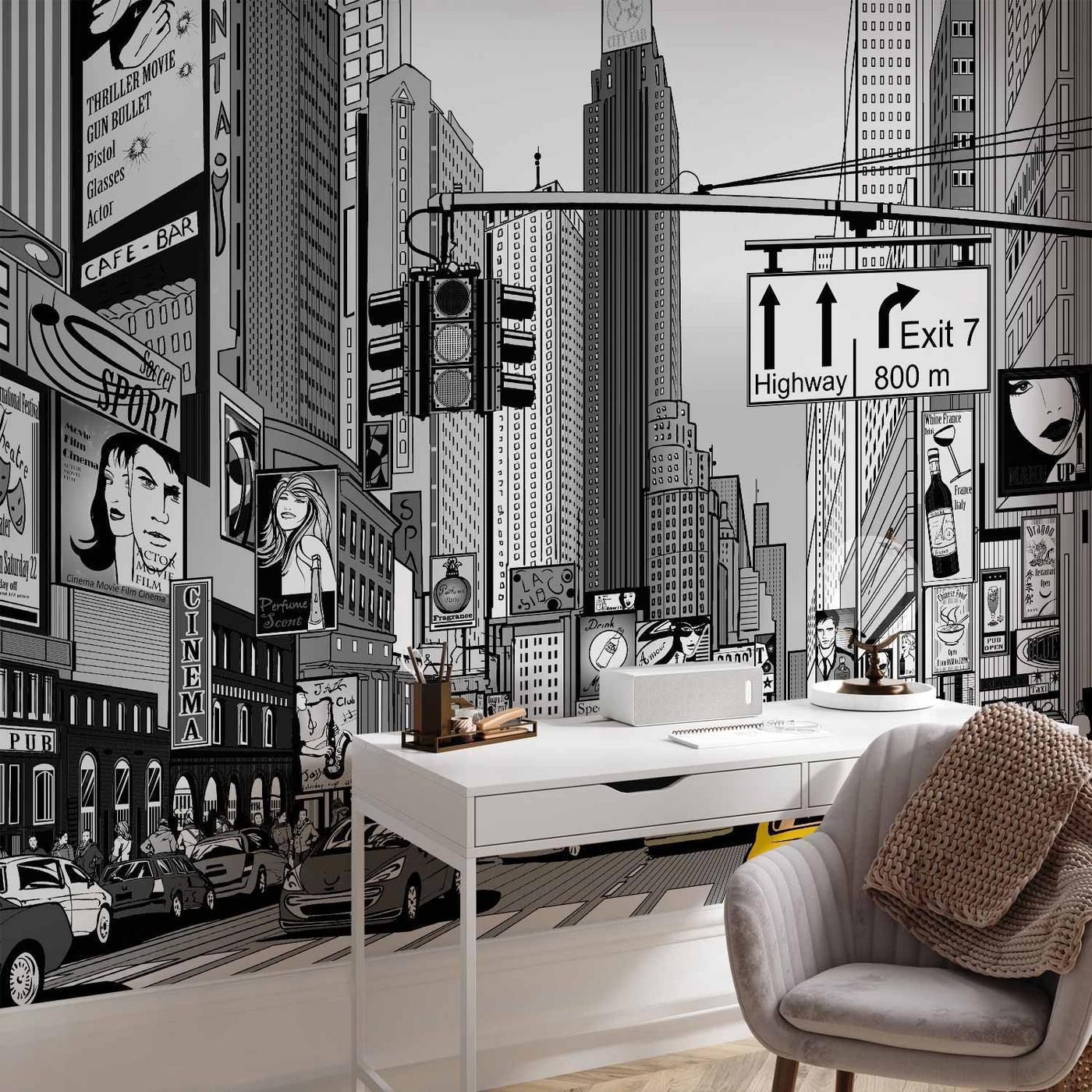 Fotobehang - Comic book city - New York street in pop art style
