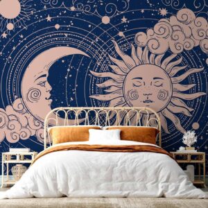 Fotobehang - Cosmic Harmony - Illustration of the Sun and Moon on a Navy Background