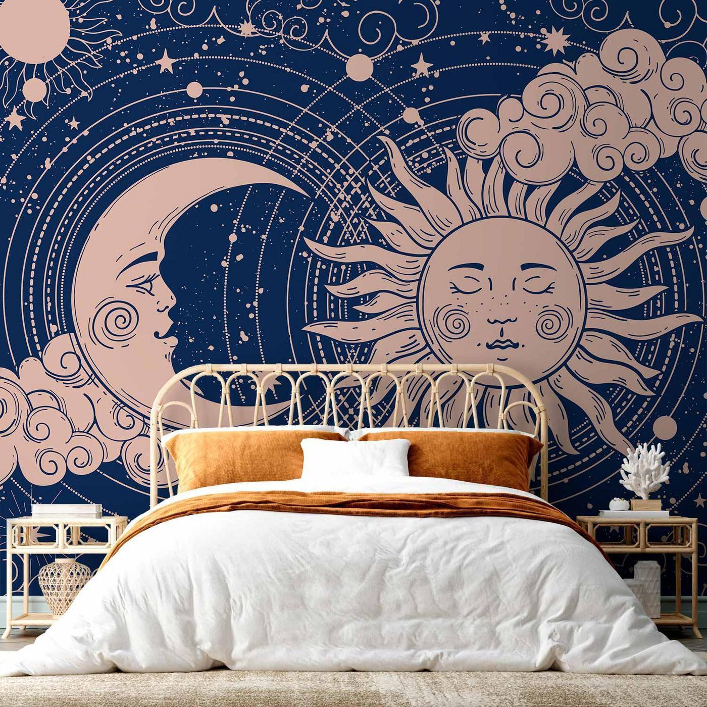 Fotobehang - Cosmic Harmony - Illustration of the Sun and Moon on a Navy Background