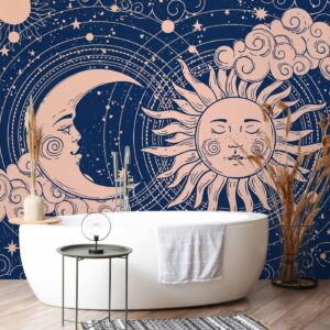 Fotobehang - Cosmic Harmony - Illustration of the Sun and Moon on a Navy Background