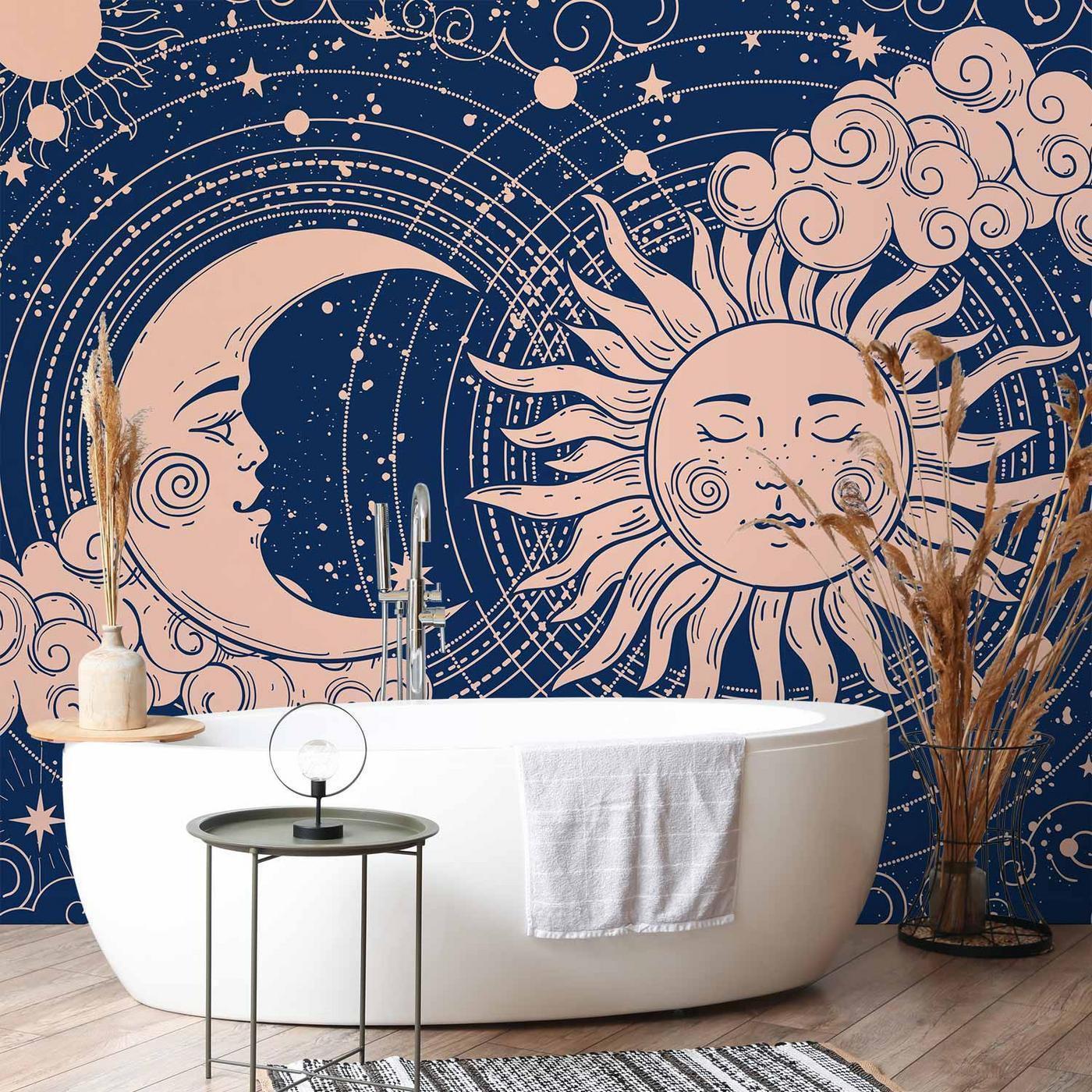 Fotobehang - Cosmic Harmony - Illustration of the Sun and Moon on a Navy Background