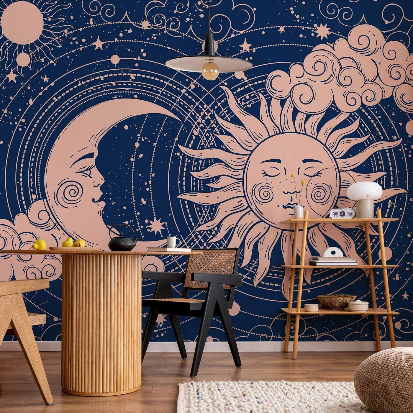 Fotobehang - Cosmic Harmony - Illustration of the Sun and Moon on a Navy Background