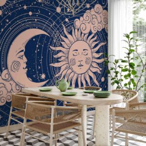 Fotobehang - Cosmic Harmony - Illustration of the Sun and Moon on a Navy Background