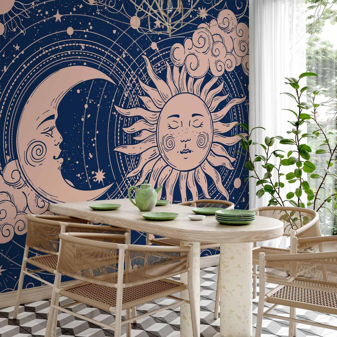 Fotobehang - Cosmic Harmony - Illustration of the Sun and Moon on a Navy Background