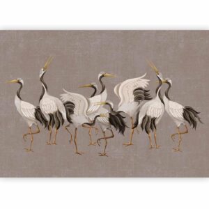 Fotobehang - Crane dance – bright silhouettes of birds against a warm grey background with texture