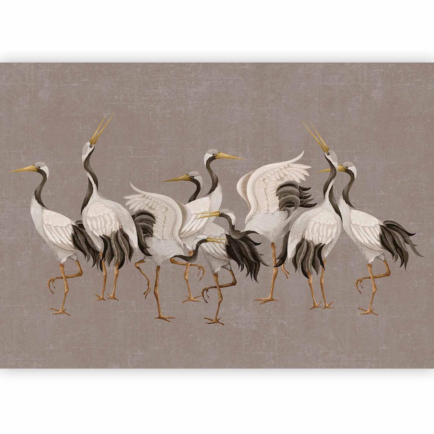 Fotobehang - Crane dance – bright silhouettes of birds against a warm grey background with texture