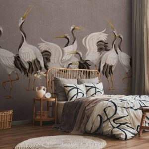 Fotobehang - Crane dance – bright silhouettes of birds against a warm grey background with texture