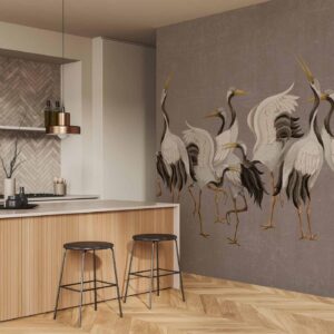 Fotobehang - Crane dance – bright silhouettes of birds against a warm grey background with texture