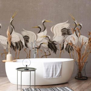 Fotobehang - Crane dance – bright silhouettes of birds against a warm grey background with texture