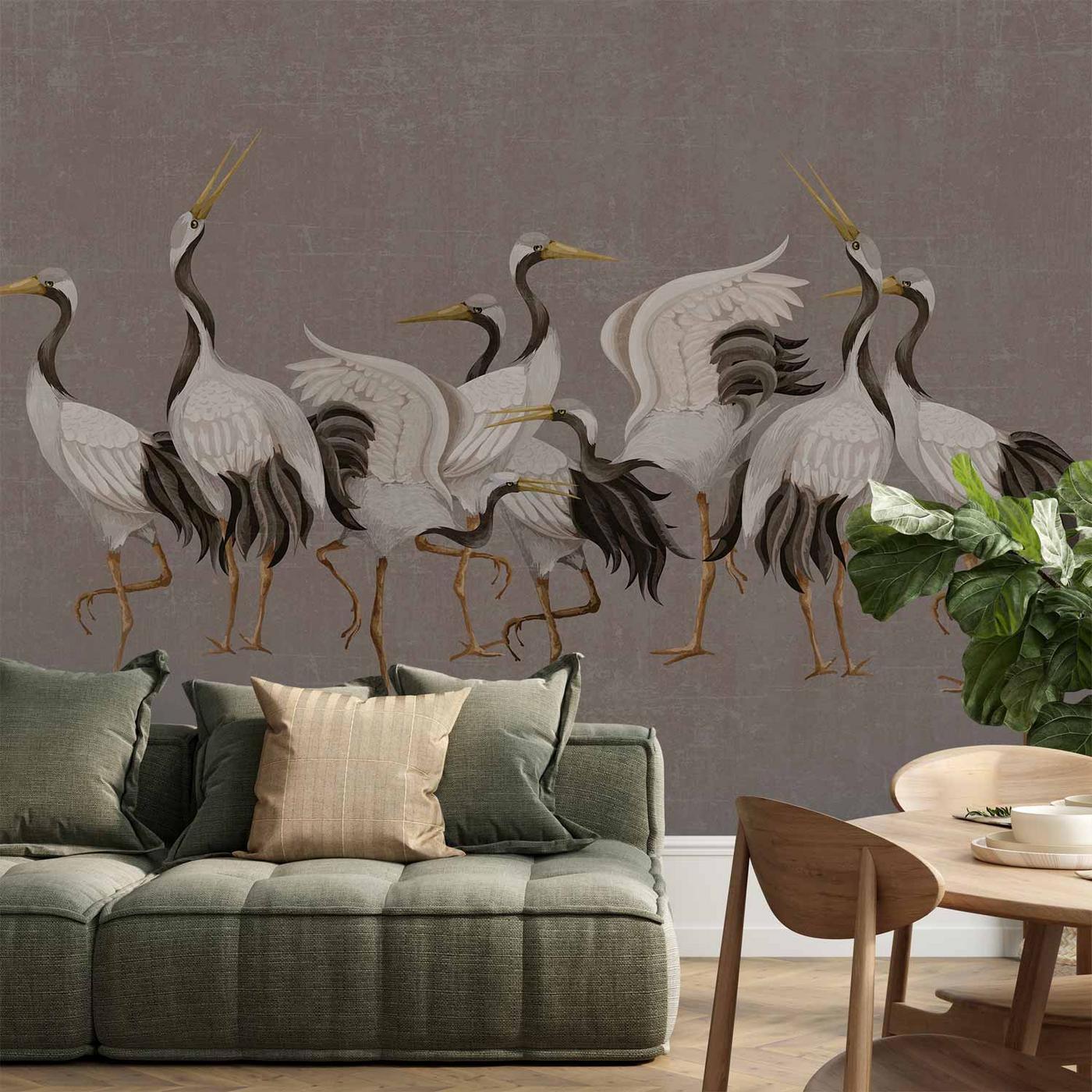 Fotobehang - Crane dance – bright silhouettes of birds against a warm grey background with texture