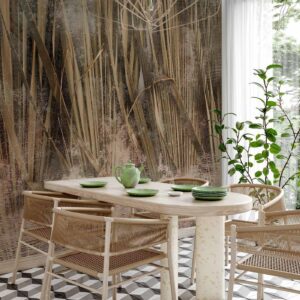 Fotobehang - Dry leaves - landscape of tall grasses in boho style with paint patterns