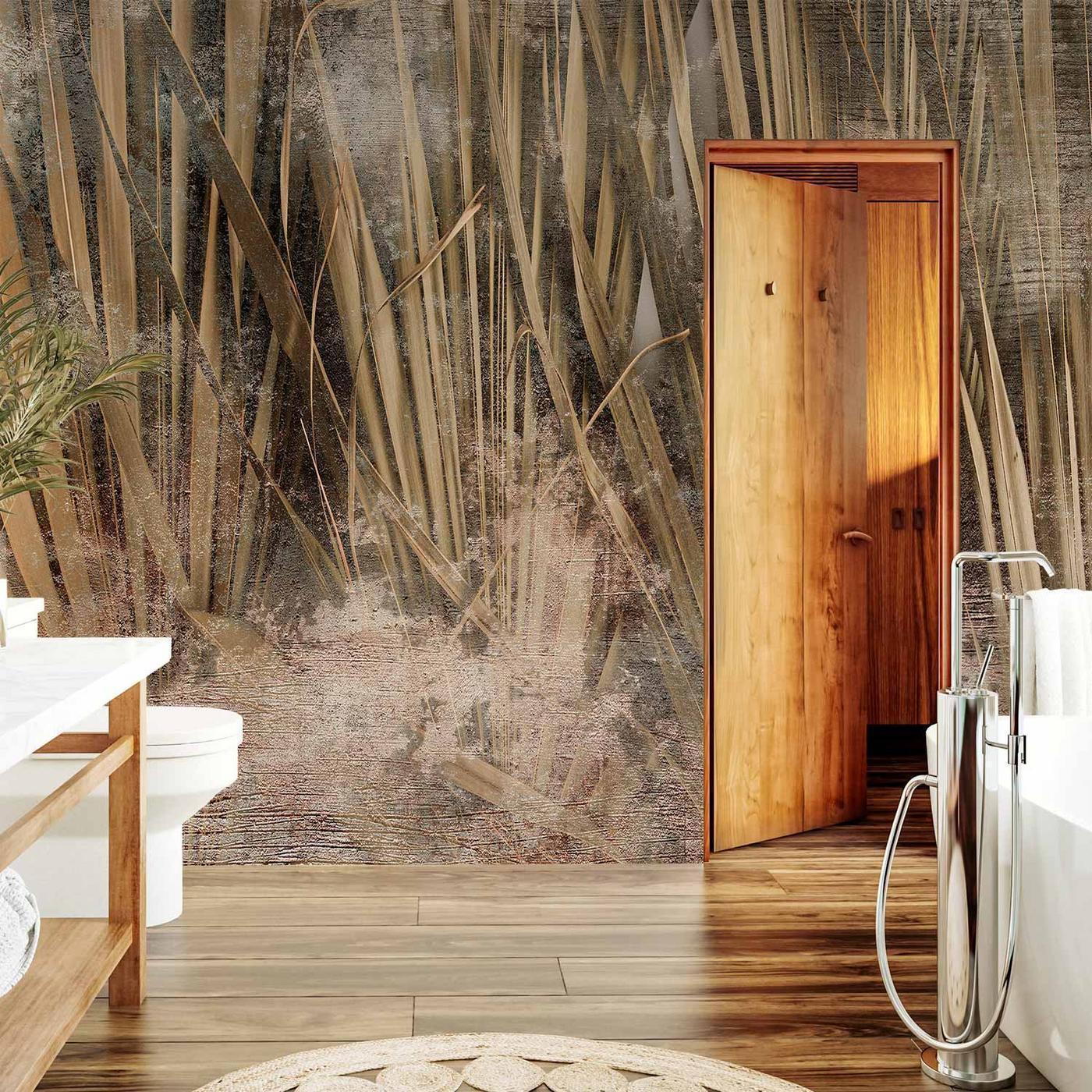 Fotobehang - Dry leaves - landscape of tall grasses in boho style with paint patterns