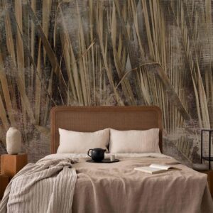 Fotobehang - Dry leaves - landscape of tall grasses in boho style with paint patterns