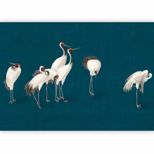 Fotobehang - Evening by the pond - a group of cranes drawn in dry pastel on a dark turquoise background