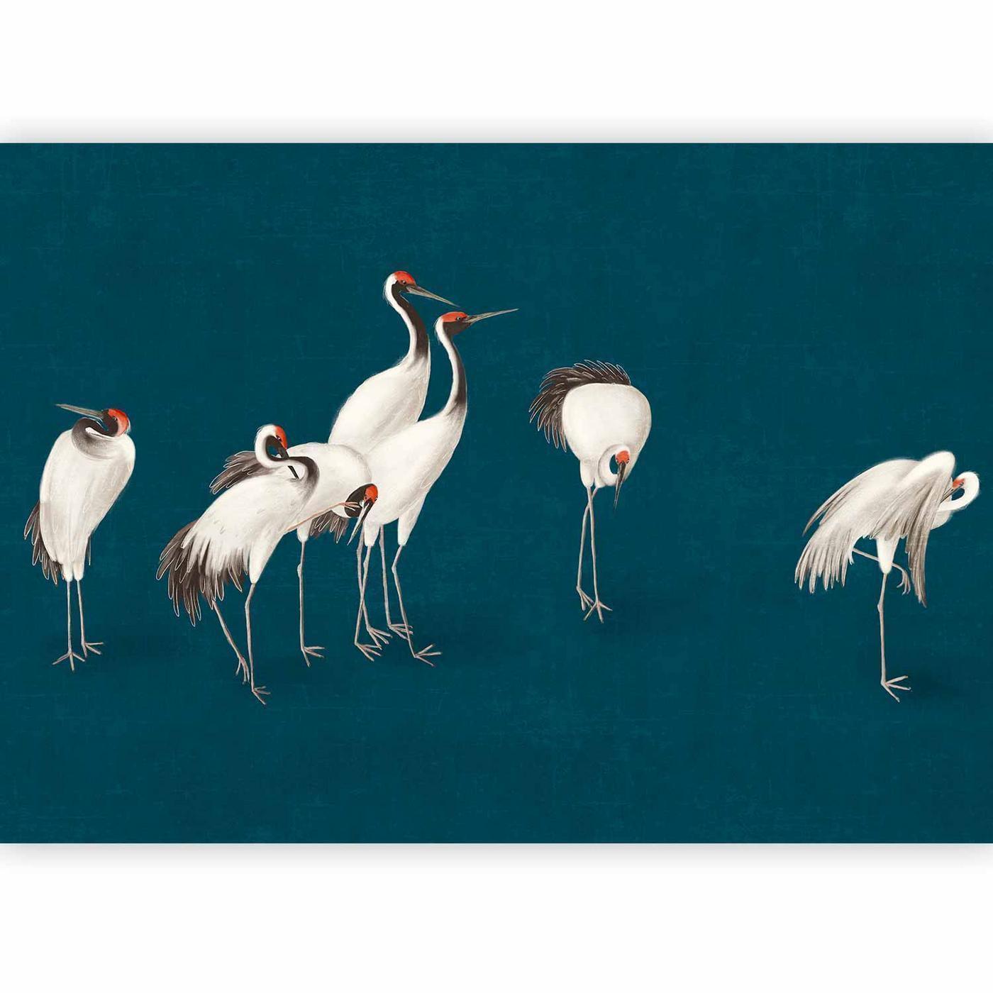 Fotobehang - Evening by the pond - a group of cranes drawn in dry pastel on a dark turquoise background