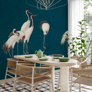 Fotobehang - Evening by the pond - a group of cranes drawn in dry pastel on a dark turquoise background