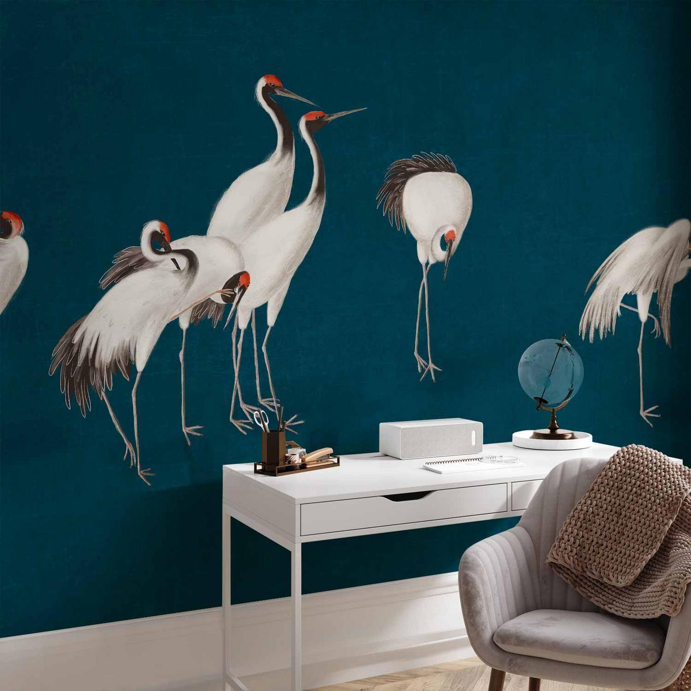 Fotobehang - Evening by the pond - a group of cranes drawn in dry pastel on a dark turquoise background