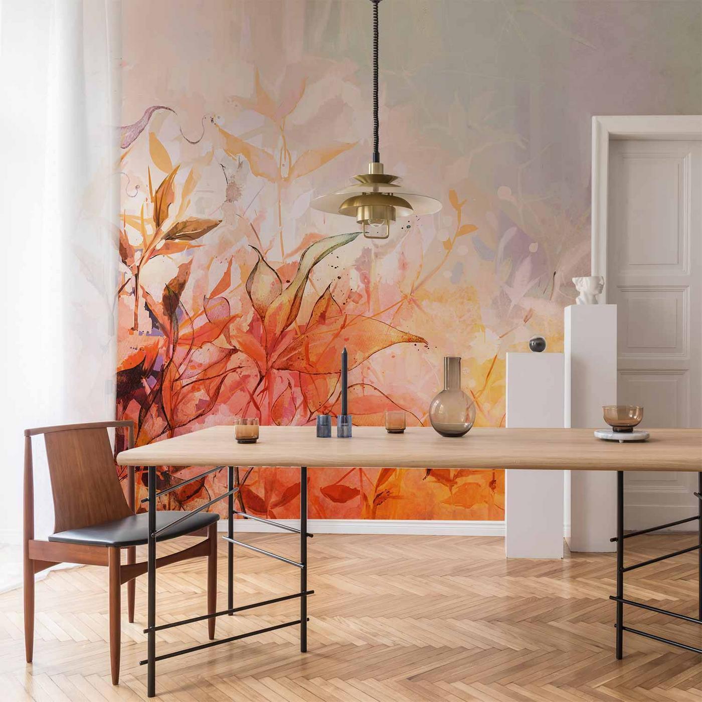 Fotobehang - Flaming meadow - nature landscape with meadow of flowers and leaves in watercolour style