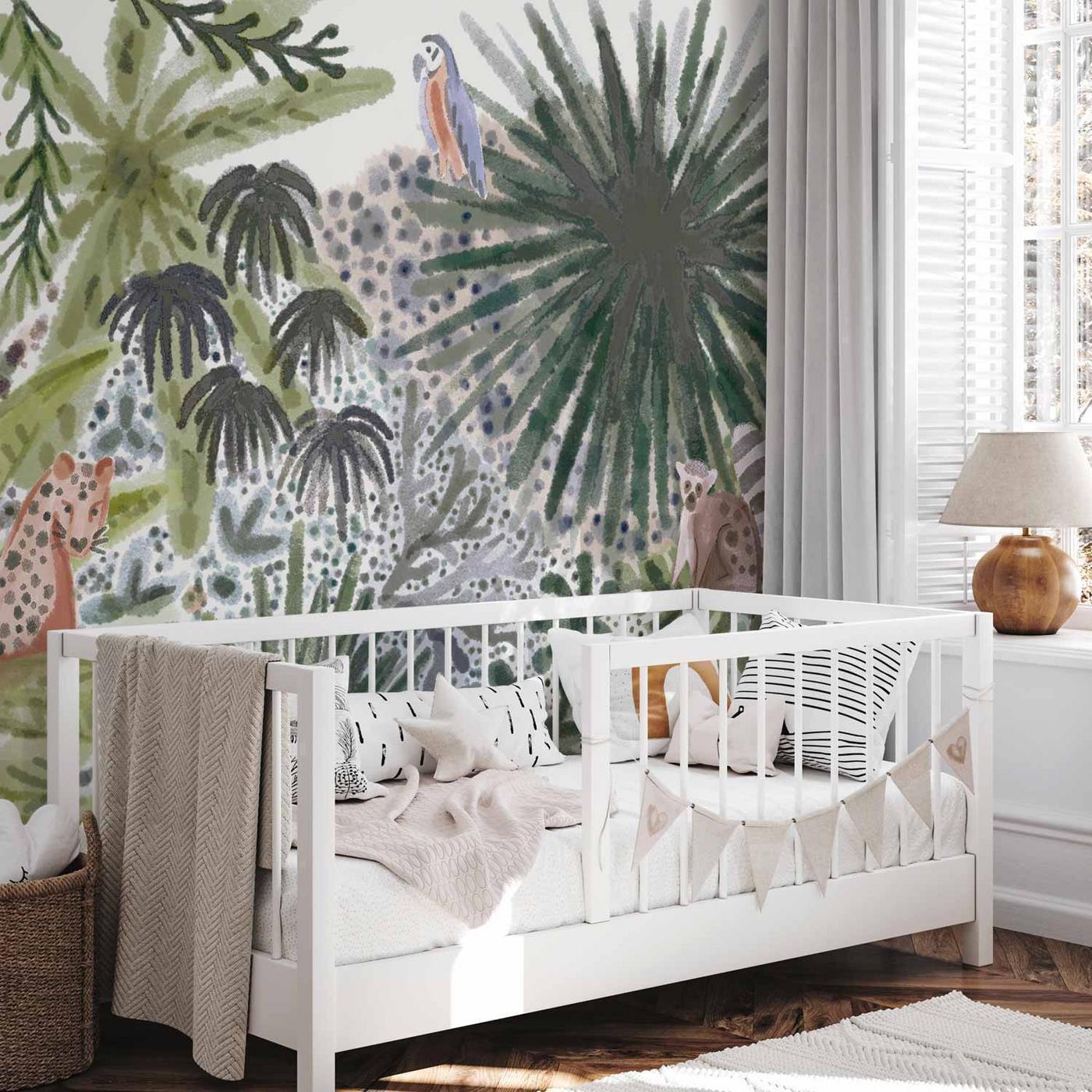 Fotobehang - Flora of Madagascar - Tropical Landscape With Watercolour Animals