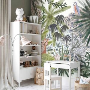 Fotobehang - Flora of Madagascar - Tropical Landscape With Watercolour Animals