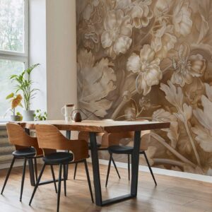 Fotobehang - Floral Ornaments Carved in Delicate Sepia and Brown Shades