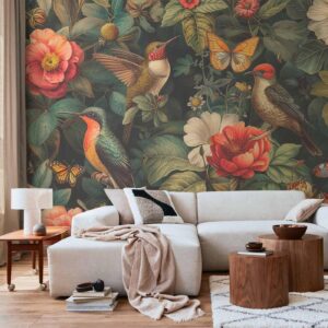 Fotobehang - Flowers, birds and butterflies – vintage-style illustration