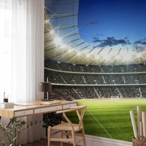 Fotobehang - Football pitch - illuminated stadium with crowded stands