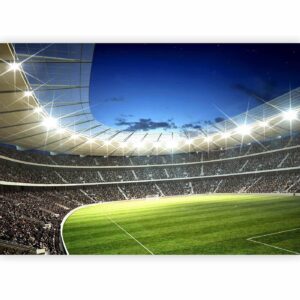 Fotobehang - Football pitch - illuminated stadium with crowded stands