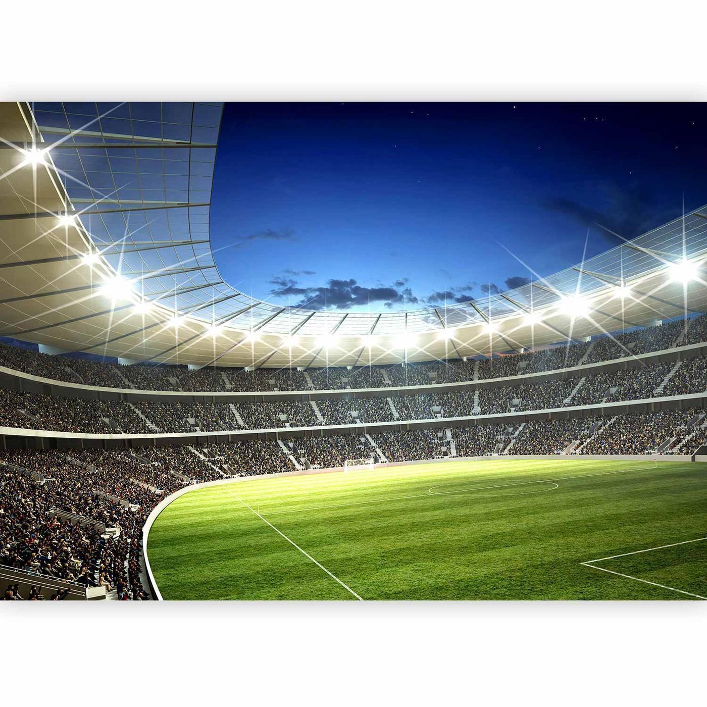 Fotobehang - Football pitch - illuminated stadium with crowded stands