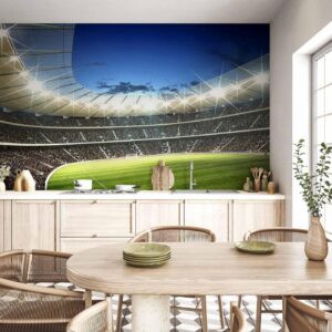 Fotobehang - Football pitch - illuminated stadium with crowded stands