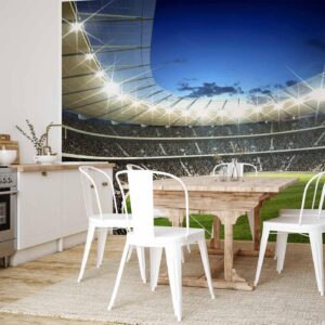 Fotobehang - Football pitch - illuminated stadium with crowded stands