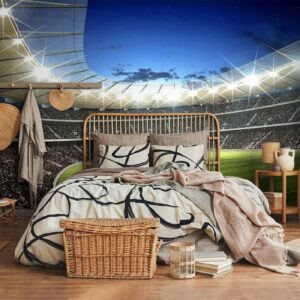 Fotobehang - Football pitch - illuminated stadium with crowded stands