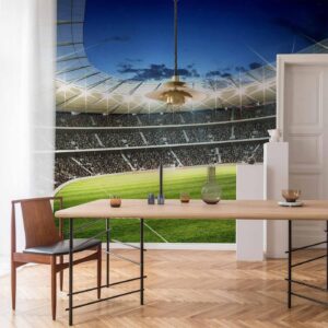 Fotobehang - Football pitch - illuminated stadium with crowded stands