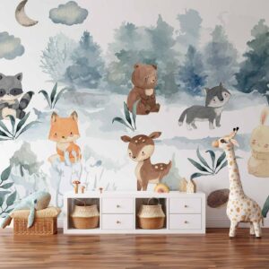 Fotobehang - Forest Games - Animals in a Forest Painted in Watercolours