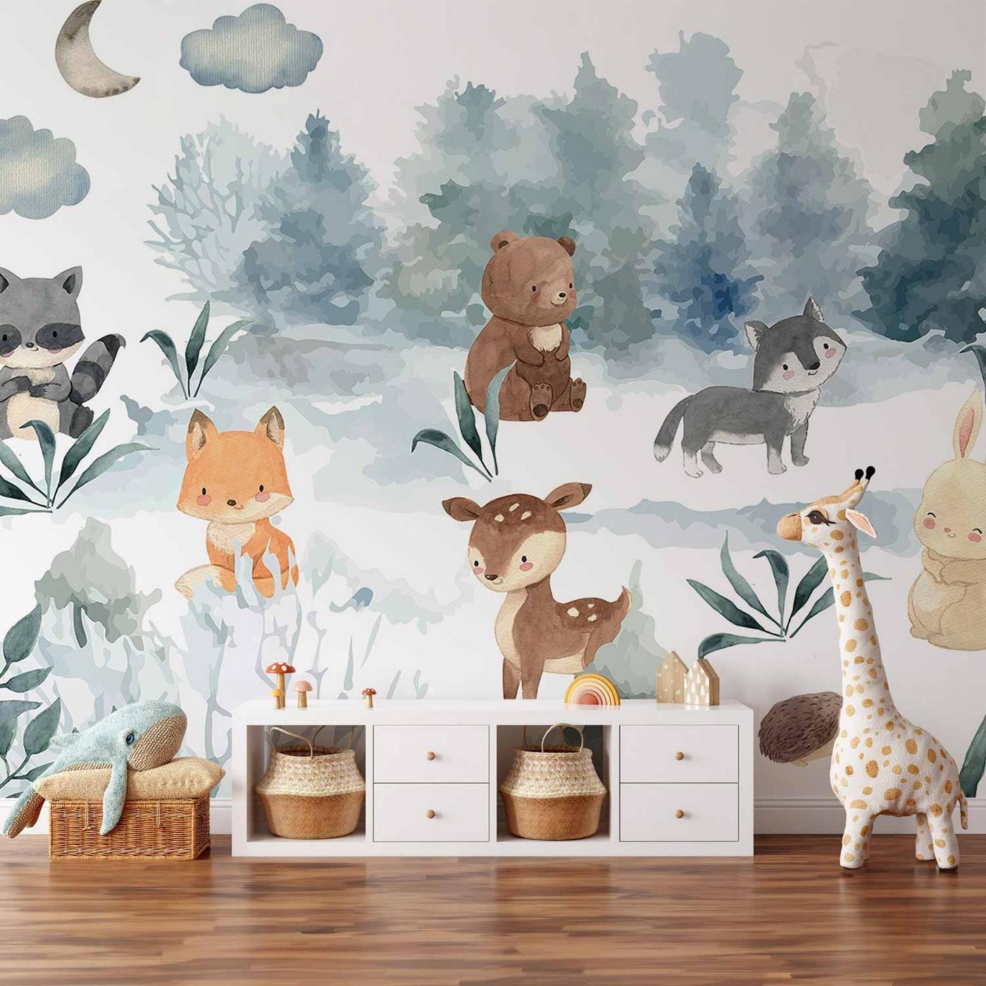 Fotobehang - Forest Games - Animals in a Forest Painted in Watercolours