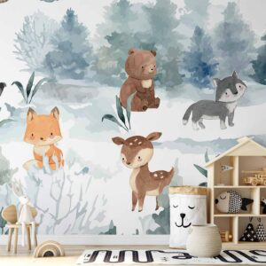Fotobehang - Forest Games - Animals in a Forest Painted in Watercolours