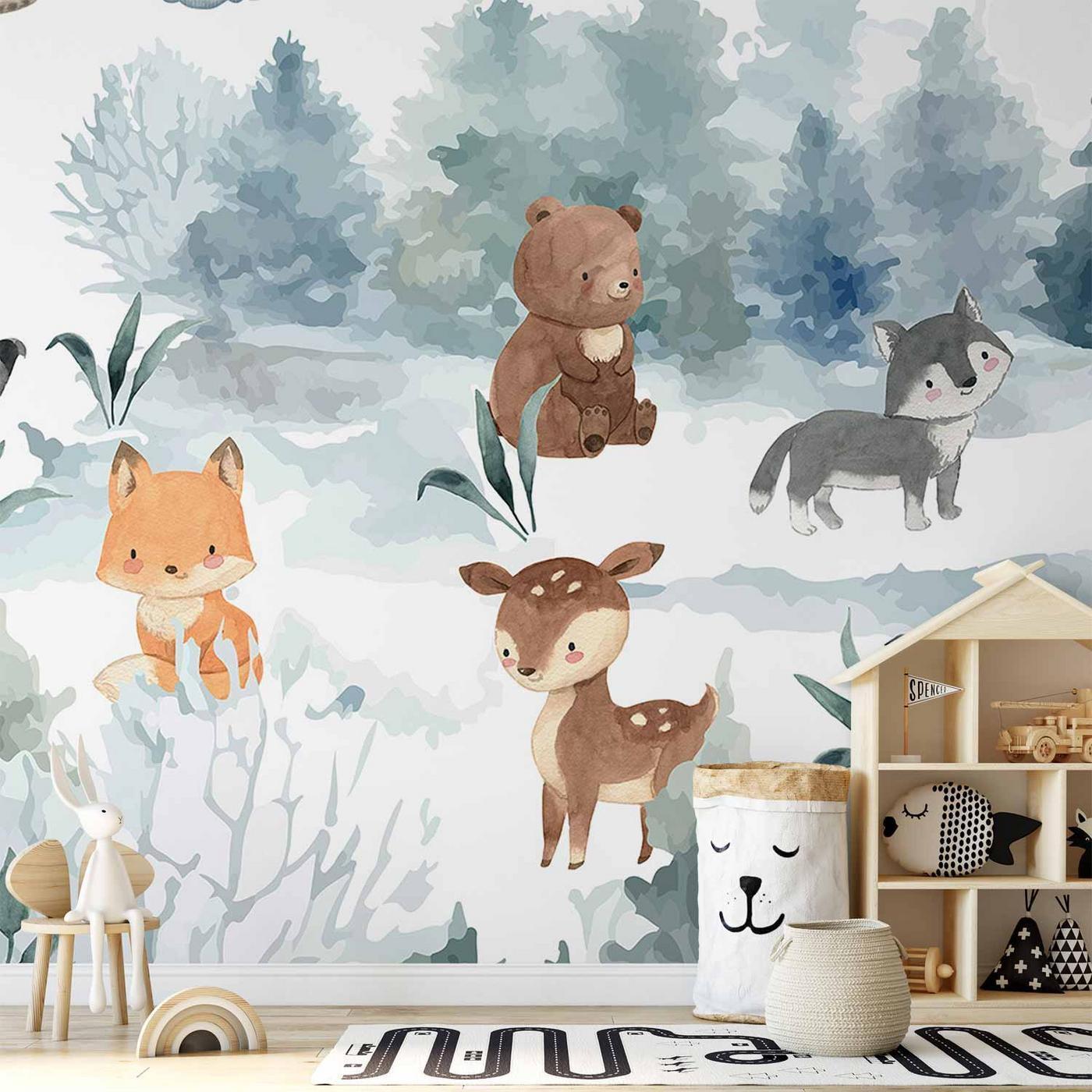 Fotobehang - Forest Games - Animals in a Forest Painted in Watercolours