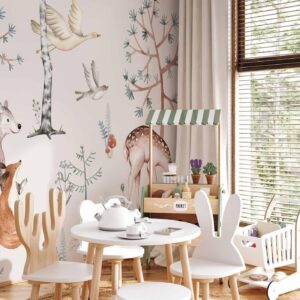 Fotobehang - Forest Land With Animals Painted in Watercolours