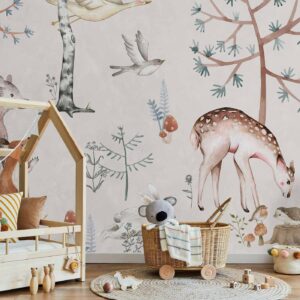 Fotobehang - Forest Land With Animals Painted in Watercolours