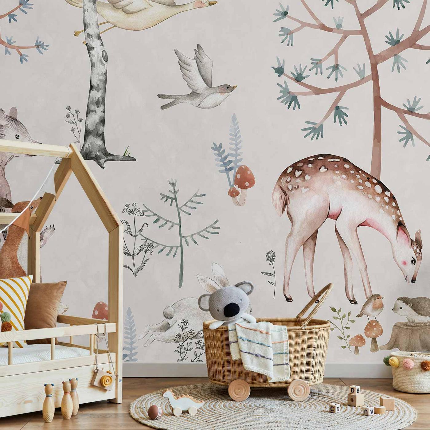 Fotobehang - Forest Land With Animals Painted in Watercolours