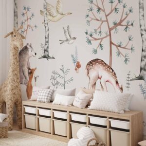 Fotobehang - Forest Land With Animals Painted in Watercolours