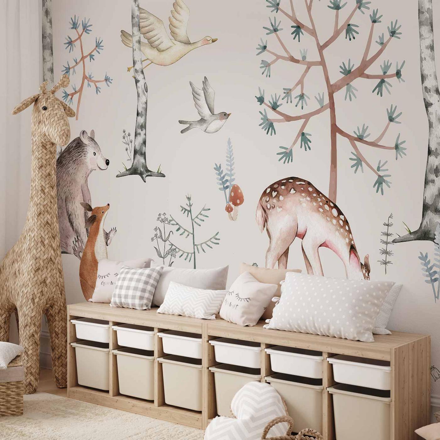 Fotobehang - Forest Land With Animals Painted in Watercolours