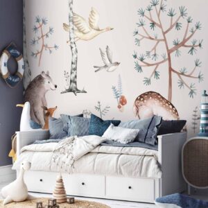 Fotobehang - Forest Land With Animals Painted in Watercolours