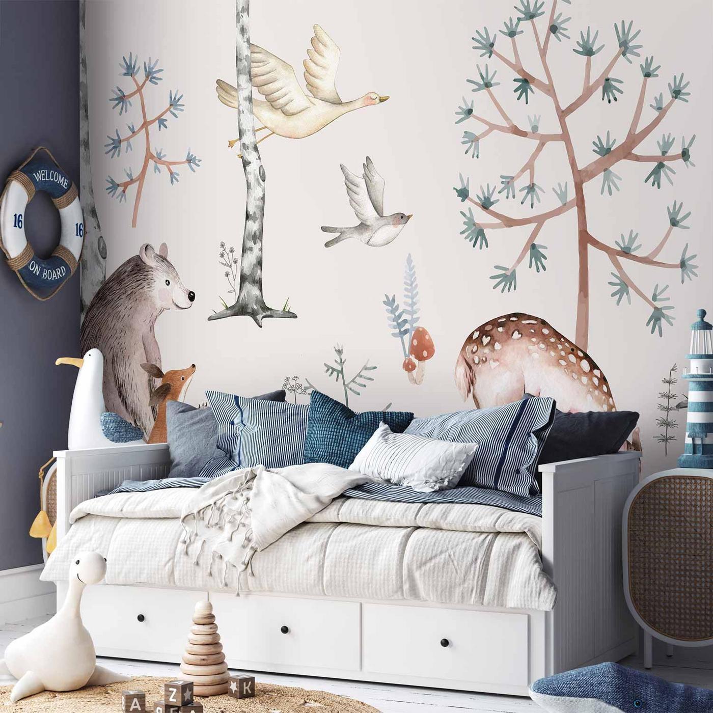 Fotobehang - Forest Land With Animals Painted in Watercolours