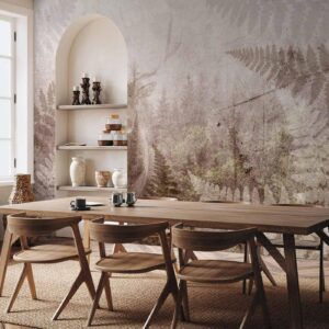 Fotobehang - Forest motif - deer with antlers among fern leaves on concrete pattern