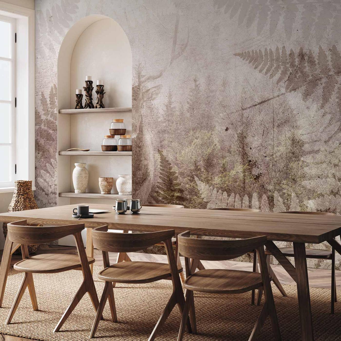 Fotobehang - Forest motif - deer with antlers among fern leaves on concrete pattern