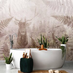 Fotobehang - Forest motif - deer with antlers among fern leaves on concrete pattern