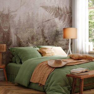 Fotobehang - Forest motif - deer with antlers among fern leaves on concrete pattern